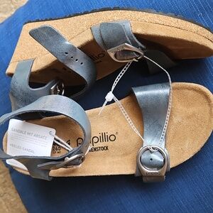 Sz 9- Birkenstock PAPILLIO Soley Wedge Sandals, NARROW FIT Black Metallic (GREY)